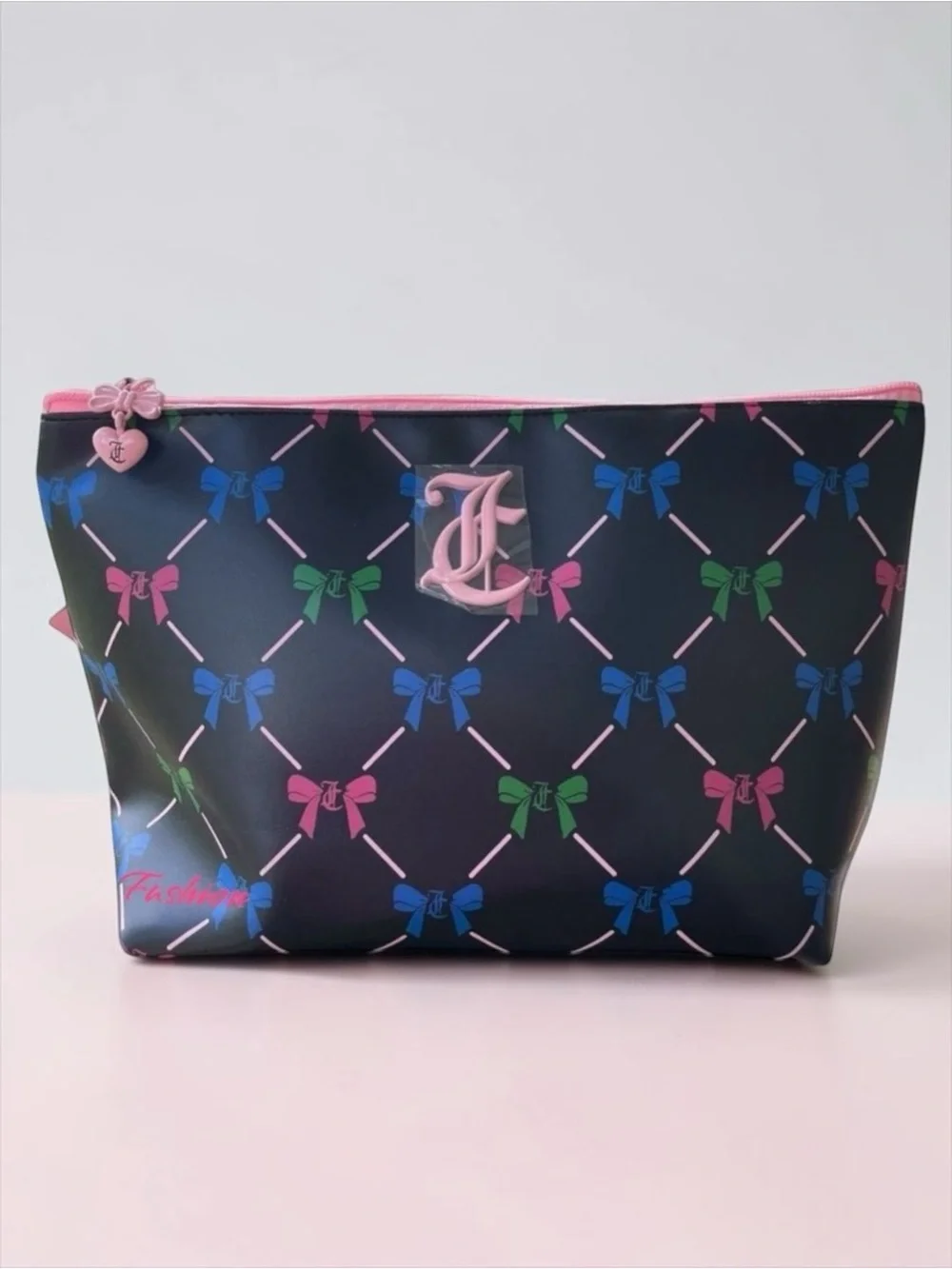 Juicy Couture Bow Print Cosmetic Bag Makeup Travel Case NWT Pink Logo Pouch